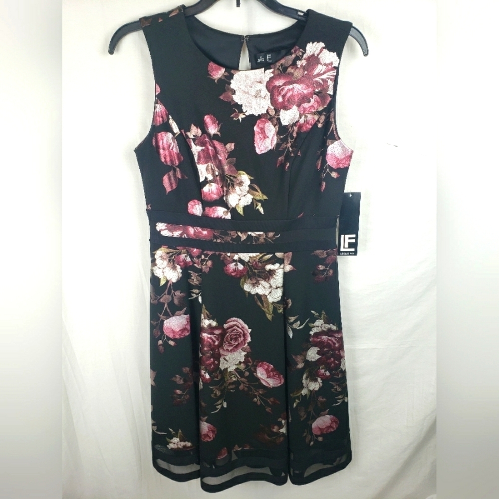 NWT Leslie Fay Floral Black Metalic Sleeveless Semi Formal Dress Sz 4